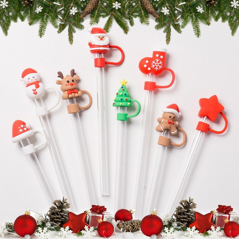 YuJoyC 8Pcs Silicone Red Christmas Straw Covers Cap for Stanley Cup 30&40 Oz Cup, Reusable Straw Toppers for Stanley Cup Accessories Tumbler with Handle for Water Bottle - Image 5